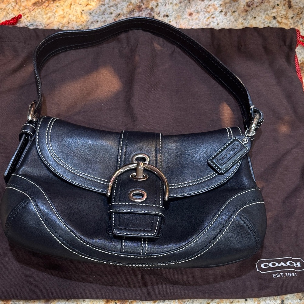 Coach Black Leather Shoulder Bag with Silver Buckle